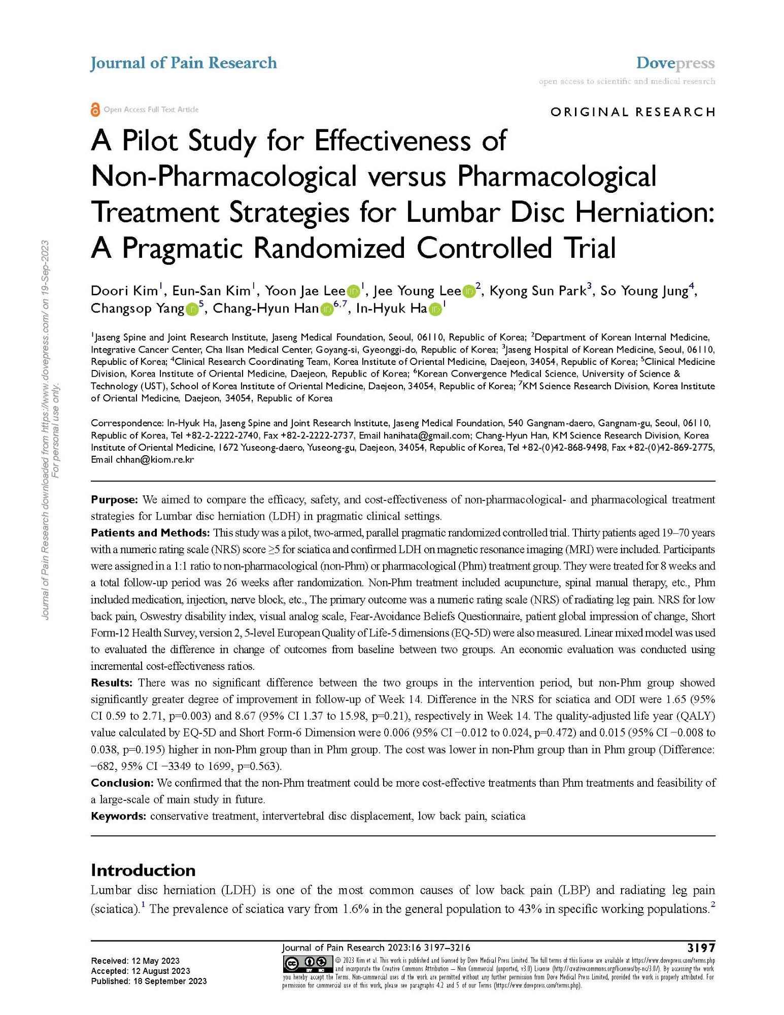 [사진설명] ‘Journal of Pain Research (IF=2.832)’에 게재된 해당 연구 논문.jpg
